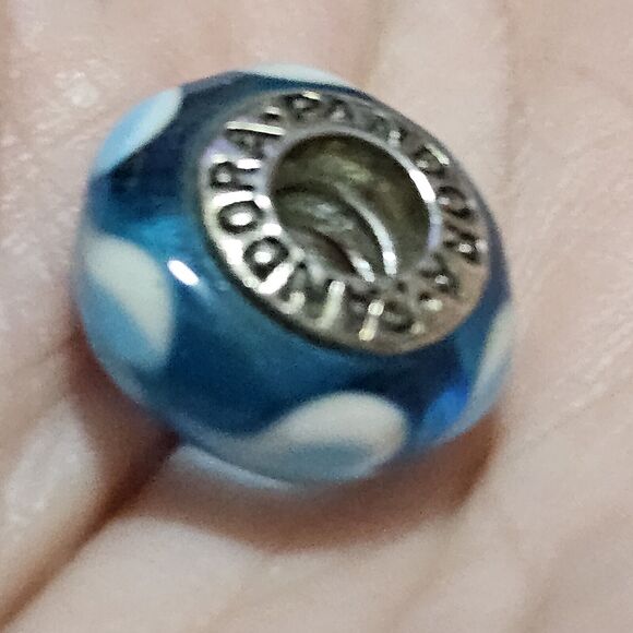 **Sale** Pandora Sterling Silver Murano Glass Blue White Hearts Bead Charm - Picture 2 of 12